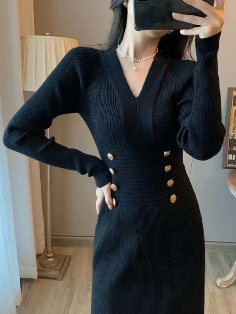 Women Winter Sheath Elegant Midi Knitted Dress Sexy V-neck Long Sleeve Wool Blend Warm Design Knitting Clothing Winter