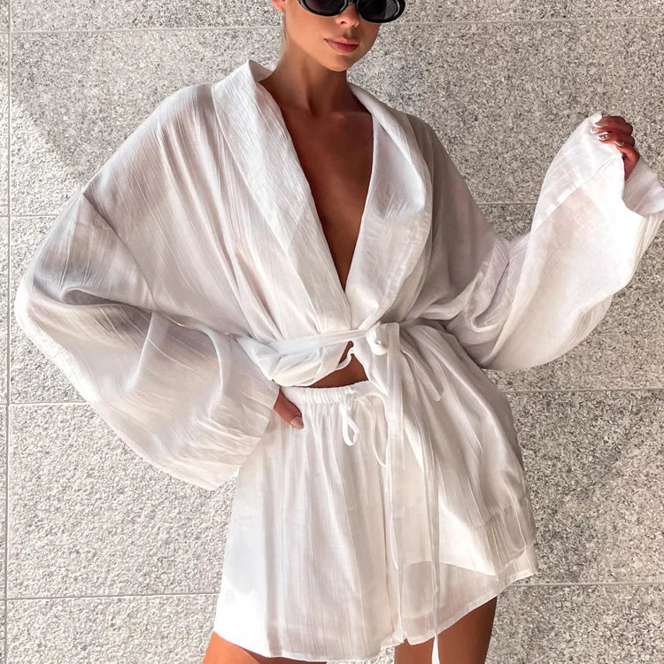 dingdamall  -  2024 Fashion Loose White 2 Piece Club Outfits Summer Lace Up Sexy Two Piece Set Women Vacation Beach Cover Up and Shorts Set