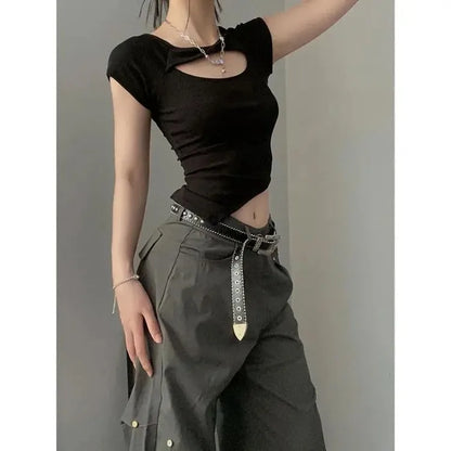 Vintage Camouflage Printed Mesh Halter Camisole Women+ Summer New Slim Fit Irregular Black T-shirts Y2k Grunge Two Piece Sets