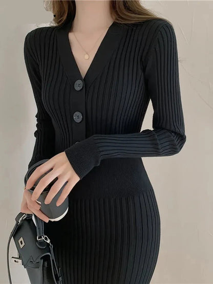 Vintage Knitted Long Sleeve Dresses Women Slim Bodycon Korean Elegant Dress Lady Winter Buttons V Neck Sweater Midi Dress