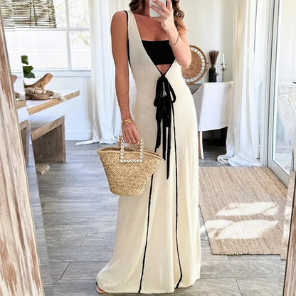 YESMYTOOL  -  Fashion Hight Waist V-neck Maxi Dress 2024 Summer Sexy Deep V-neck Slim Party Dress Women Elegant Lace-up Sleeveless Long Dress