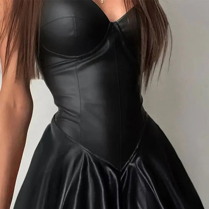 Spaghetti Strap Leather PU Pleated Dress Women's Sexy  Bodycon Fashion Low Chest And Back Leakage Mini  Dress Clubwear