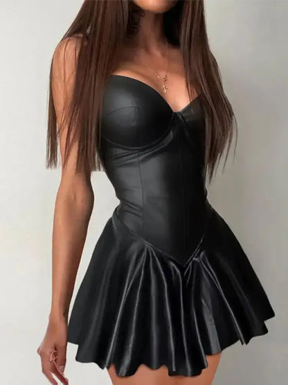 Spaghetti Strap Leather PU Pleated Dress Women's Sexy  Bodycon Fashion Low Chest And Back Leakage Mini  Dress Clubwear