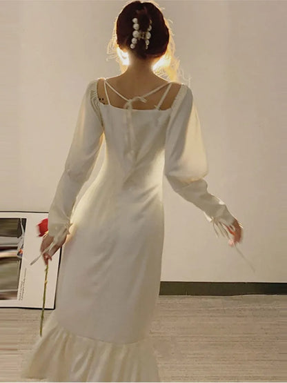 Summer New Style Retro Sweet one-shoulder Square Neck Puff Sleeve Trumpet Dress Women Sexy Folds White Vintage Wedding Dresses