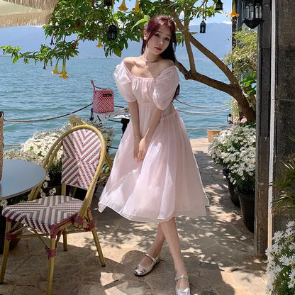 Summer Pink Chiffon Lantern Sleeve Short Sleeve Fairy Dress Women Holiday Sweet Pleated Sundress Midi Backless Bandage Dress New