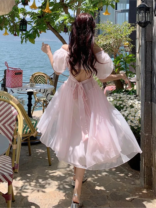 Summer Pink Chiffon Lantern Sleeve Short Sleeve Fairy Dress Women Holiday Sweet Pleated Sundress Midi Backless Bandage Dress New