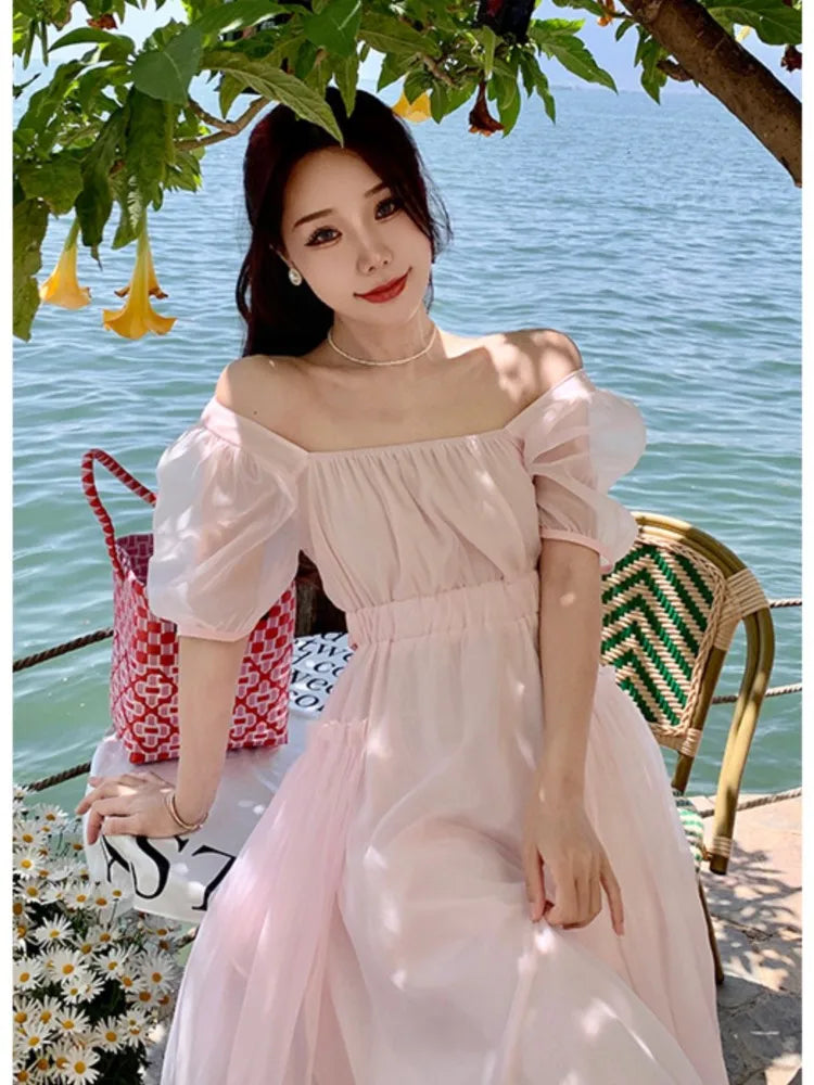 Summer Pink Chiffon Lantern Sleeve Short Sleeve Fairy Dress Women Holiday Sweet Pleated Sundress Midi Backless Bandage Dress New