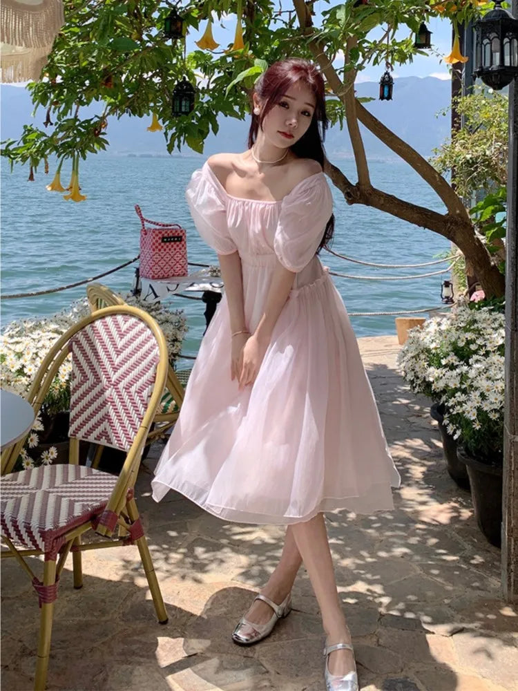 Summer Pink Chiffon Lantern Sleeve Short Sleeve Fairy Dress Women Holiday Sweet Pleated Sundress Midi Backless Bandage Dress New