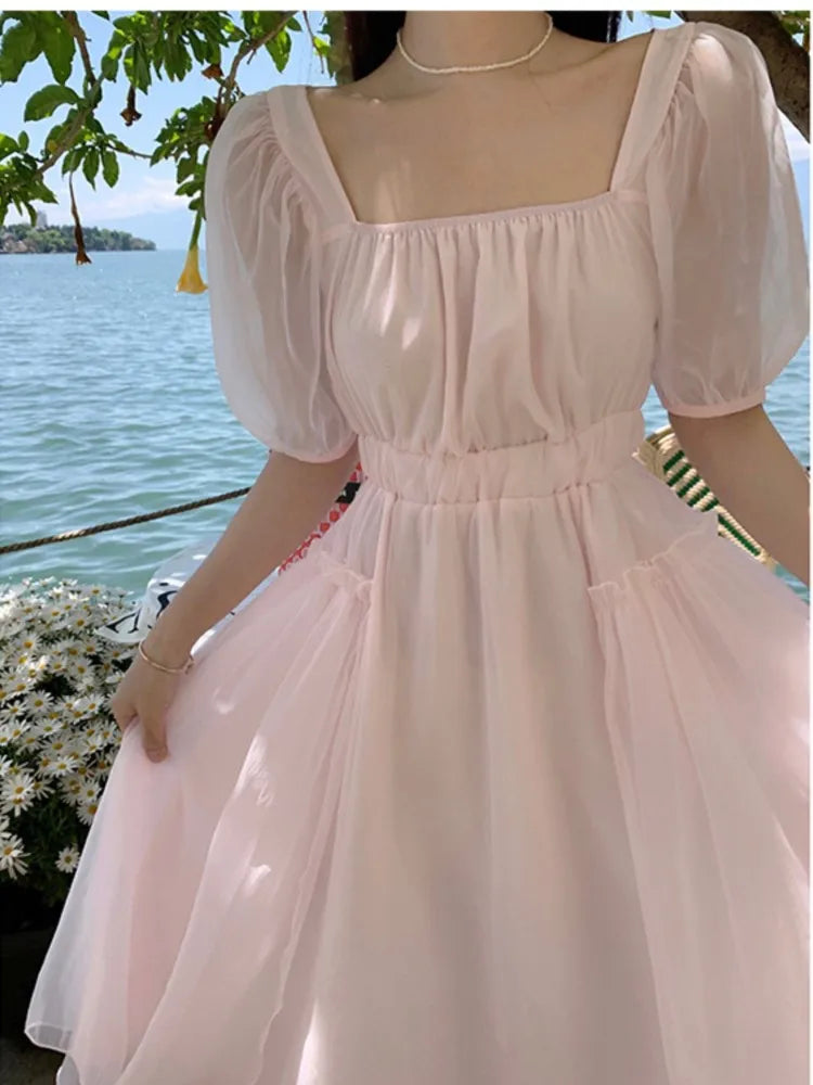 Summer Pink Chiffon Lantern Sleeve Short Sleeve Fairy Dress Women Holiday Sweet Pleated Sundress Midi Backless Bandage Dress New