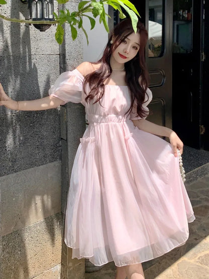 Summer Pink Chiffon Lantern Sleeve Short Sleeve Fairy Dress Women Holiday Sweet Pleated Sundress Midi Backless Bandage Dress New