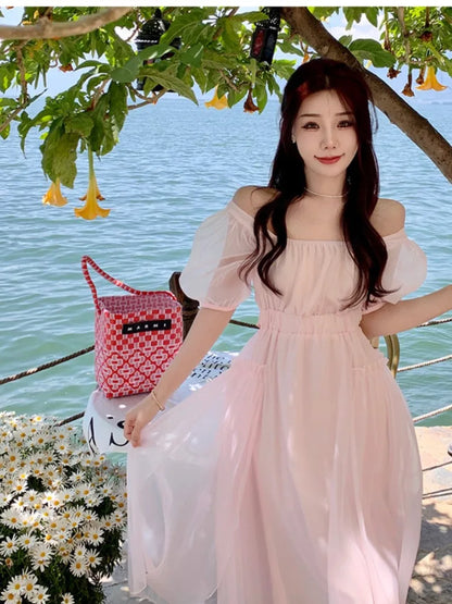 Summer Pink Chiffon Lantern Sleeve Short Sleeve Fairy Dress Women Holiday Sweet Pleated Sundress Midi Backless Bandage Dress New