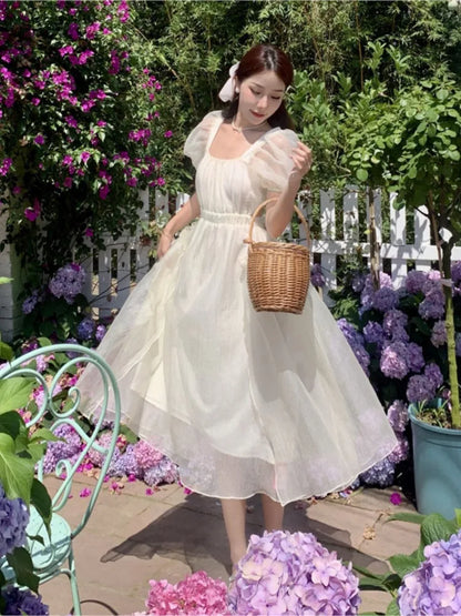 Summer Women French Style Elegant Party Midi Print Dress Female Fashion A Line Holiday Clothes Vestidos