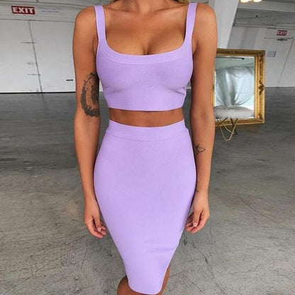 Bandage dress sets Women Sexy Two Piece Skirt Set Summer Lilac Bodycon skirt and top set matching sets For Club Party