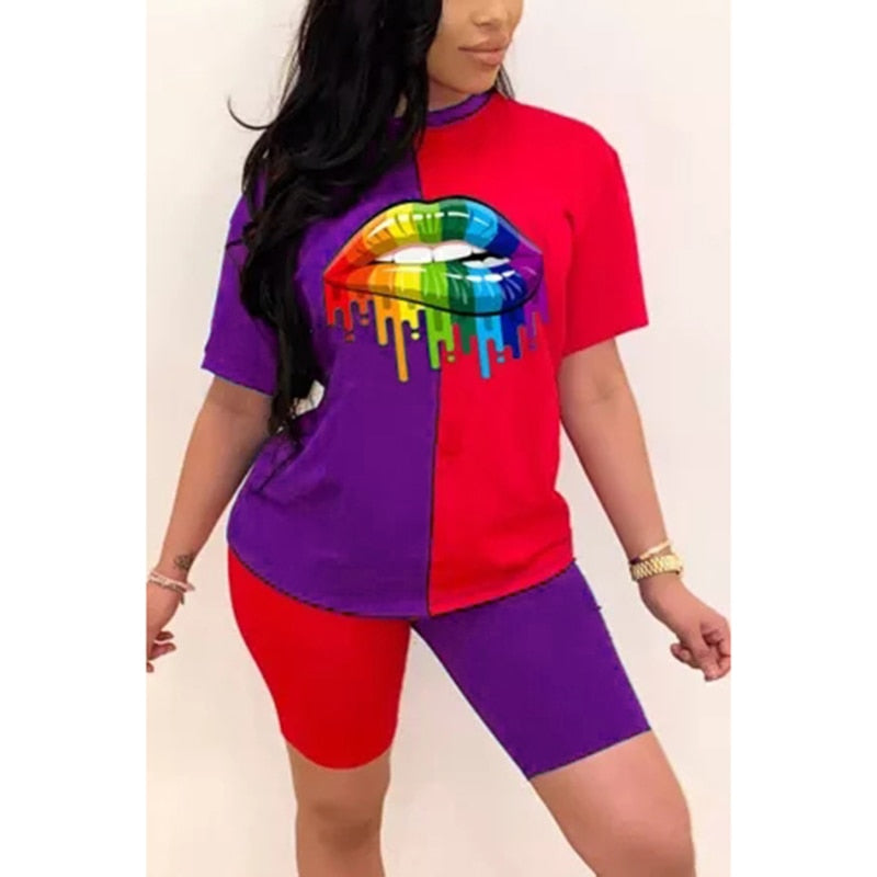 dingdamall mid size graduation outfit romantic style teen swag clean girl ideas 90s latina aestheticNew Summer Women Fashion Rainbow Lip Print Sportswear Top and Shorts 2pc Set Ladies Casual O-Neck Pullover Short Sleeve T-Shirt