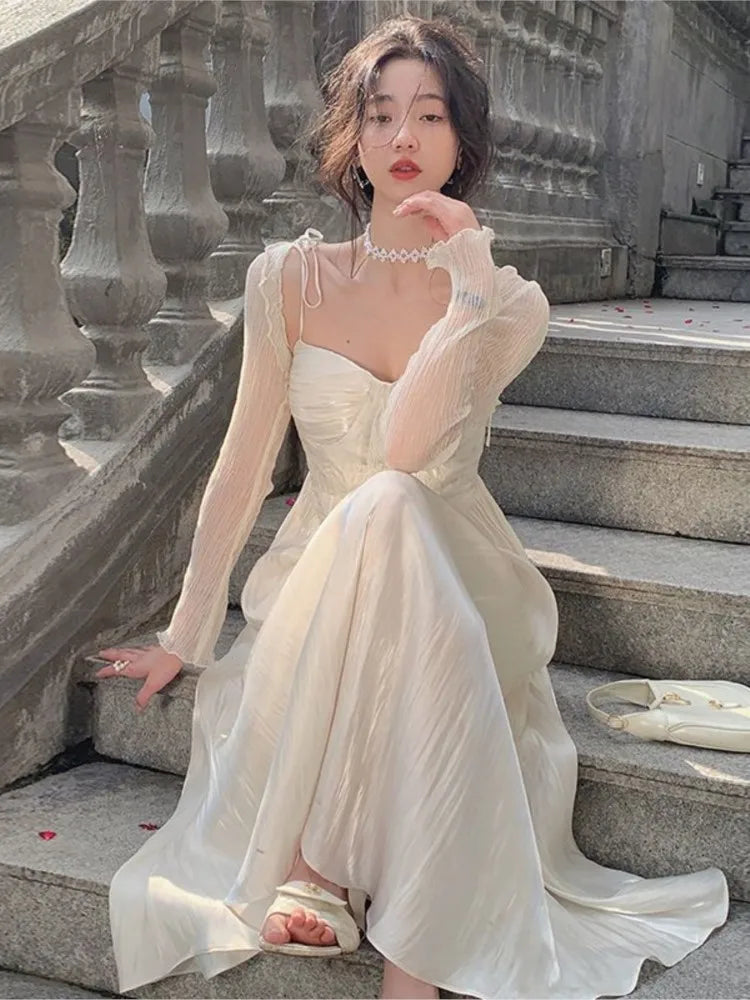 Women Summer Elegant Party Midi Dress Long Sleeve Casual Vintage Prom Vestidos Femme Fashion Slim Princess Clothes New Robe