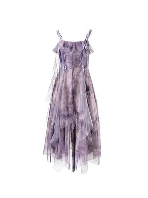 Women Sweet Purple Ruffle Summer Sleeveless Midi Dress Female High Waist Slim Mesh Party Dress Female Solid Holiday Beach Dress