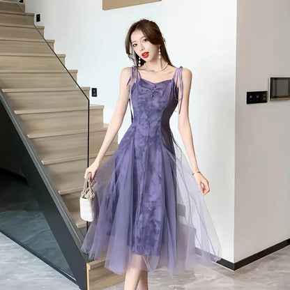 Women Sweet Purple Ruffle Summer Sleeveless Midi Dress Female High Waist Slim Mesh Party Dress Female Solid Holiday Beach Dress