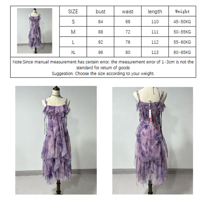 Women Sweet Purple Ruffle Summer Sleeveless Midi Dress Female High Waist Slim Mesh Party Dress Female Solid Holiday Beach Dress