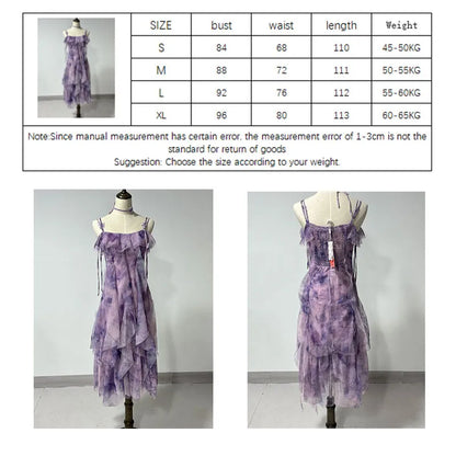 Women Sweet Purple Ruffle Summer Sleeveless Midi Dress Female High Waist Slim Mesh Party Dress Female Solid Holiday Beach Dress