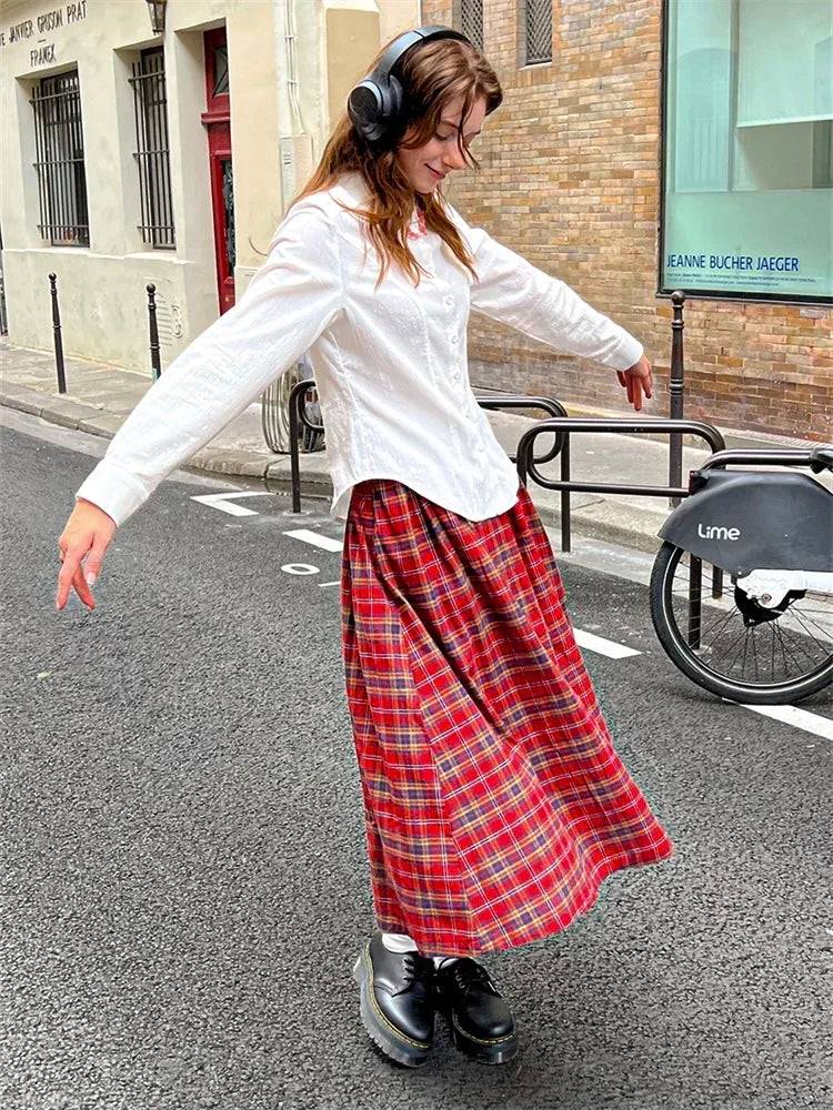 Women's Red Plaid Mid Length Skirt American College Style Spring Design Color Contrast Female A-line Elastic Waist Long Skirt