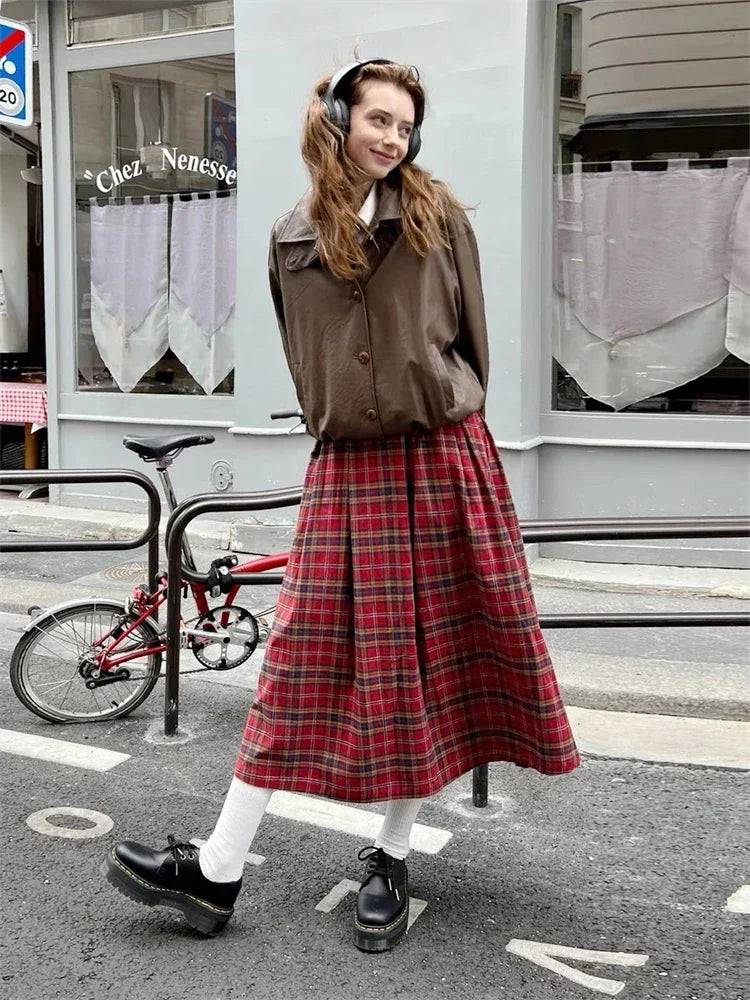 Women's Red Plaid Mid Length Skirt American College Style Spring Design Color Contrast Female A-line Elastic Waist Long Skirt