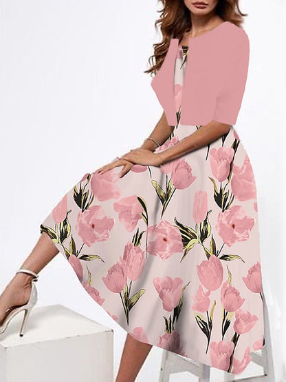 Women's Two Piece Dress Set Casual Dress Tank Dress Outdoor Daily Fashion Streetwear Print Midi Dress Strap Half Sleeve Floral Loose Fit Pink Dark Pink Peach Summer Spring S M L XL XXL