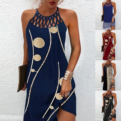 Women's Casual Dress Halter Neck Dress Midi Dress Leopard Black Wine Sleeveless Geometric Cut Out Summer Spring Halter Fashion Vacation S M L XL XXL 3XL