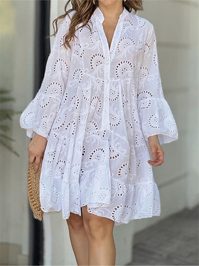 Women's Casual Dress White Dress Summer Dress Mini Dress Button Eyelet Daily Holiday Date Fashion Basic Split Neck Long Sleeve Loose Fit White Yellow Pink Color S M L XL XXL Size