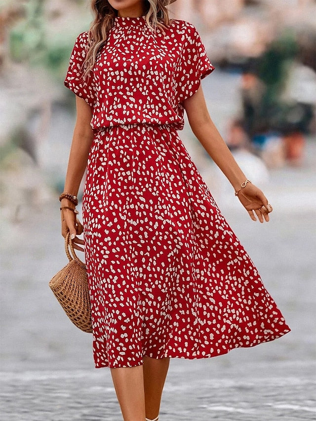 Women's Casual Dress A Line Dress Floral Dress Floral Ditsy Floral Print Crew Neck Midi Dress Fashion Modern Outdoor Date Short Sleeve Loose Fit Black Red Blue Summer Spring S M L XL