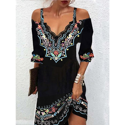 Women‘s Casual Dress Ethnic Dress Mini Dress Black 3/4 Length Sleeve Pure Color Print Summer Spring Fall V Neck Stylish S M L XL XXL 3XL