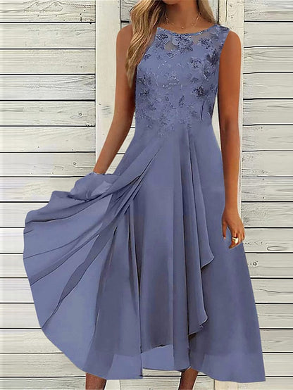 Women's Wedding Guest Dress Party Dress Lace Dress Midi Dress Blue Green Dark Blue Sleeveless Pure Color Lace Summer Spring Fall Crew Neck Fashion Wedding Guest Vacation Summer Dress Loose Fit S