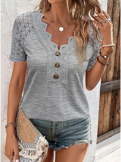 Women's T shirt Tee Black White Red Plain Lace Button Short Sleeve Daily Weekend Basic V Neck Regular S