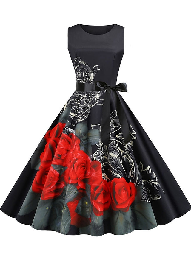 Women's Retro 1950s Vintage Dress Midi Dress Daily Holiday Ruched Bow Floral Crewneck Sleeveless Regular Fit Summer Spring Deep Purple Black S M L XL