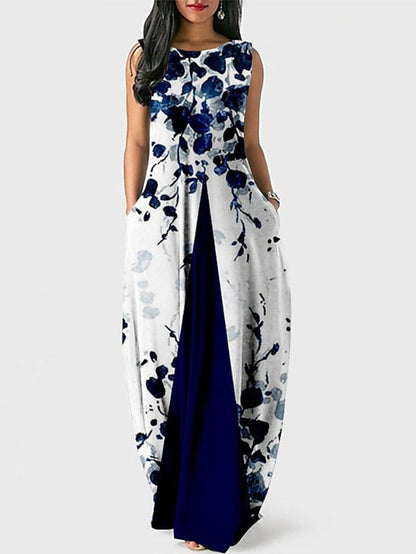 Women's Party Dress Shift Dress Long Dress Maxi Dress Blue Wine Dark Blue Sleeveless Floral Pocket Spring Summer Crew Neck Party S M L XL XXL 3XL