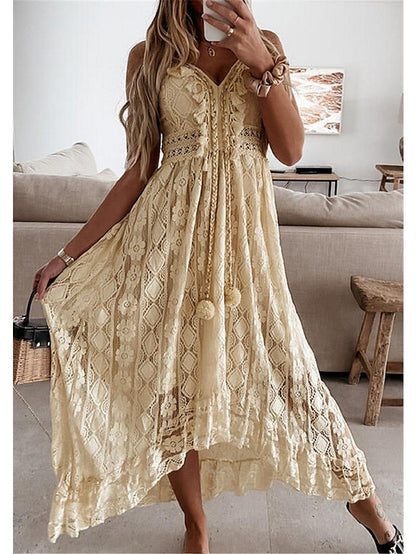 Women's Swing Dress Maxi long Dress White Beige Sleeveless Print Embroidered Lace Spring Summer V Neck Casual Boho S M L XL XXL