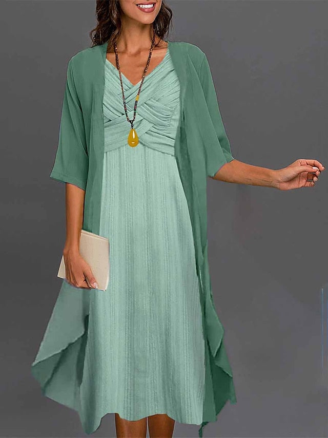 Women's Two Piece Dress Set Casual Dress Chiffon Dress Daily Vacation Fashion Elegant Twist Knot Front Midi Dress V Neck 3/4 Length Sleeve Plain Regular Fit Blue Green Summer Spring S M L XL XXL