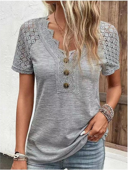 Women's T shirt Tee Black White Red Plain Lace Button Short Sleeve Daily Weekend Basic V Neck Regular S