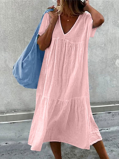 Women's Casual Dress Summer Dress Plain Dress Plain Ruched Patchwork V Neck Midi Dress Basic Modern Outdoor Daily Short Sleeve Loose Fit Black White Pink Summer Spring S M L XL XXL