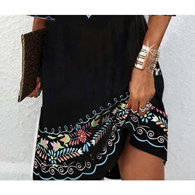 Women‘s Casual Dress Ethnic Dress Mini Dress Black 3/4 Length Sleeve Pure Color Print Summer Spring Fall V Neck Stylish S M L XL XXL 3XL