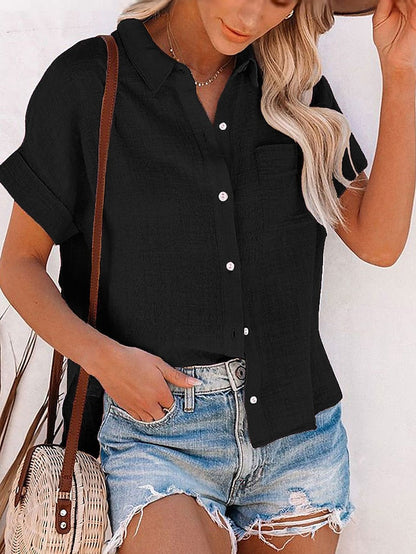 Women's Shirt Blouse Black White Plain Button Pocket Short Sleeve Casual Basic Shirt Collar Regular Cotton S