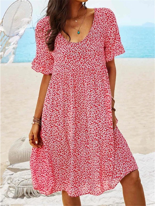 Women's Casual Dress Floral Dress Boho Dress Floral Print Square Neck Midi Dress Active Fashion Outdoor Daily Short Sleeve Regular Fit Yellow Red Dark Blue Summer Spring S M L XL XXL