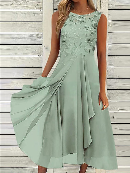 Women's Wedding Guest Dress Party Dress Lace Dress Midi Dress Blue Green Dark Blue Sleeveless Pure Color Lace Summer Spring Fall Crew Neck Fashion Wedding Guest Vacation Summer Dress Loose Fit S