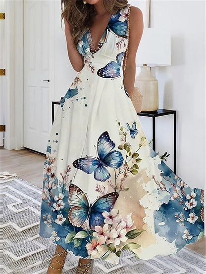 Women's Long Dress Maxi Dress Casual Dress Swing Dress A Line Dress Floral Butterfly Fashion Streetwear Outdoor Daily Date Print Sleeveless V Neck Dress Regular Fit Black White Yellow Summer Spring S