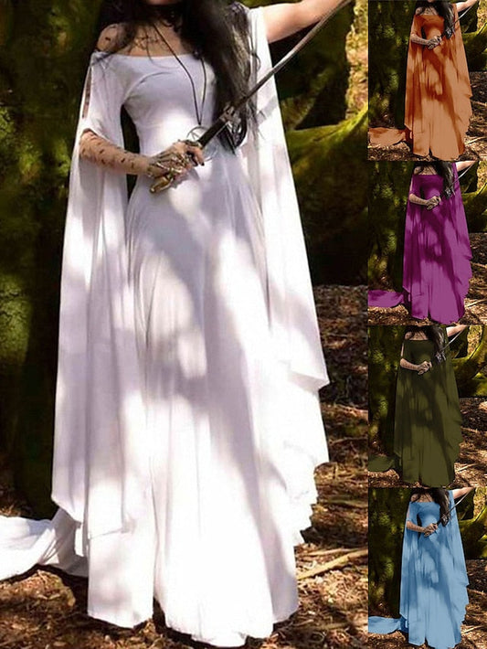 Women's Retro Vintage Medieval Renaissance Off Shoulder Spring Dress Summer Dress Long Dress Maxi Dress Party Dress Swing Dress Pure Color Elegant Dress Long Sleeve White Blue Purple S M L XL XXL