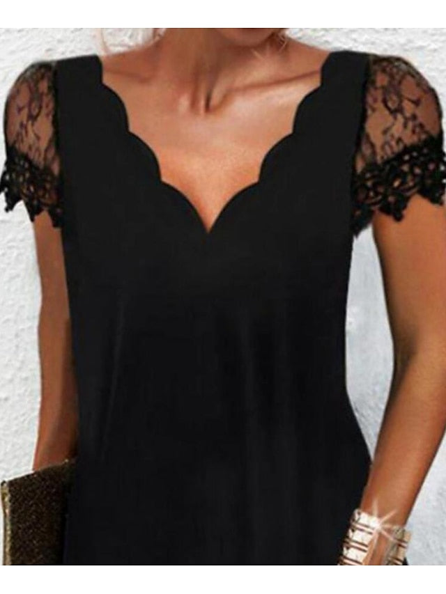 Women‘s Lace Dress A Line Dress Short Mini Dress Black Short Sleeve Pure Color Lace Spring Summer V Neck Elegant Loose S M L XL XXL XXXL / Party Dress