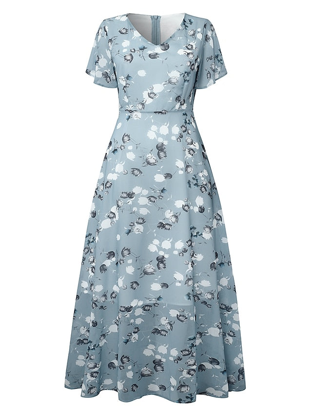 Women's Casual Dress Swing Dress Floral Dress Chiffon Long Dress Maxi Dress Green Blue Light Blue Short Sleeve Floral Ruffle Spring Summer V Neck Fashion Daily Date Vacation S M L XL XXL 3XL