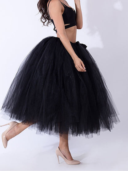 Women's Skirt Tutu Bowtie Midi Organza Black White Red Purple Skirts Summer Layered Tulle Lined Basic Performance Weekend One-Size