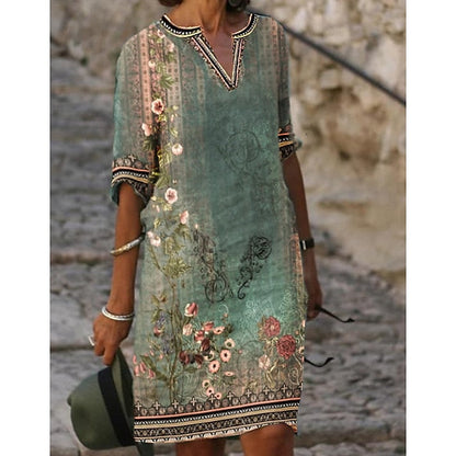 Women‘s Casual Dress Shift Dress Midi Dress Green Half Sleeve Floral Print Fall Spring Summer V Neck S M L XL XXL 3XL