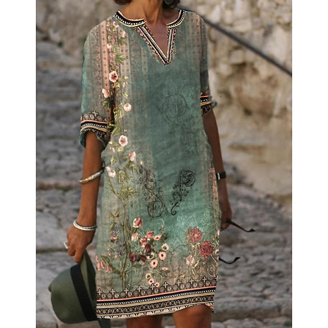 Women‘s Casual Dress Shift Dress Midi Dress Green Half Sleeve Floral Print Fall Spring Summer V Neck S M L XL XXL 3XL