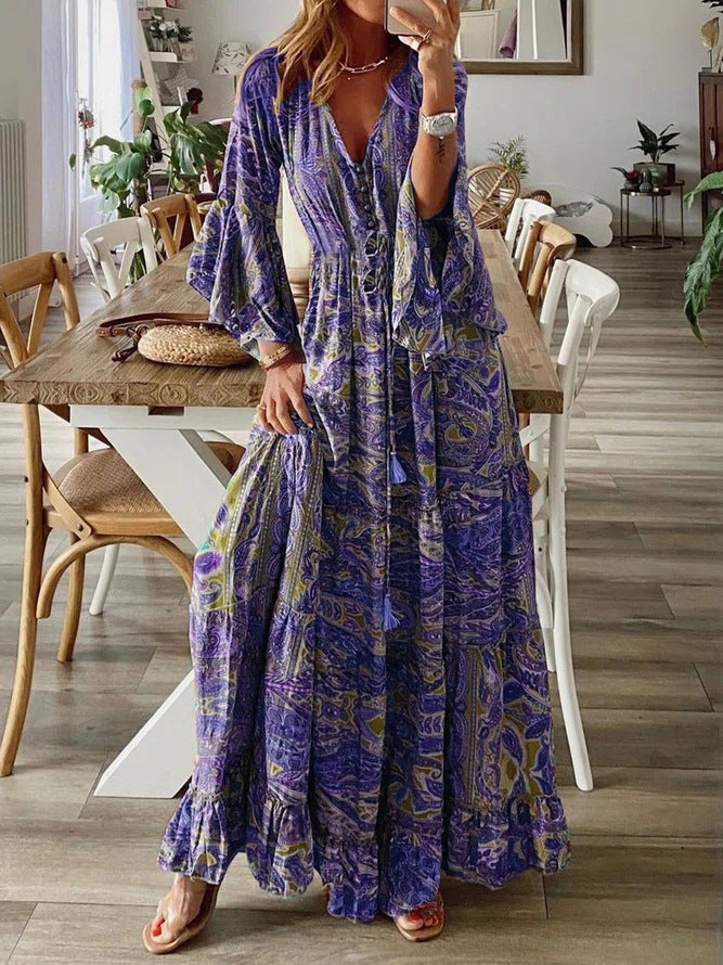 Women's Bohemian Dress V-neck Floral Printed Puff Long Sleeve Boho Beach Dress